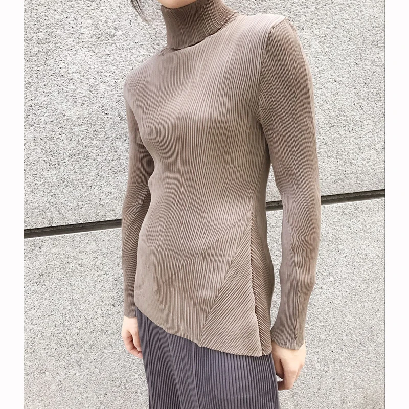 Горячая Miyake модная складывающаяся с длинными рукавами Новая Сексуальная футболка с высоким воротником Женская
