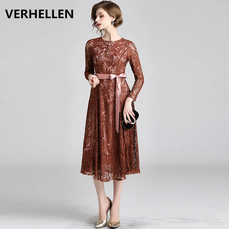 

VERHELLEN High Quality Fashion Designer Runway 2019 Autumn Women's Long Sleeve Elegant Sashes O-Neck Casual Lace Dress