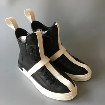 

Real picture hip hop genuine leather high top trainer famous hot designer leather Boots cross rubber belt personalized men Boots