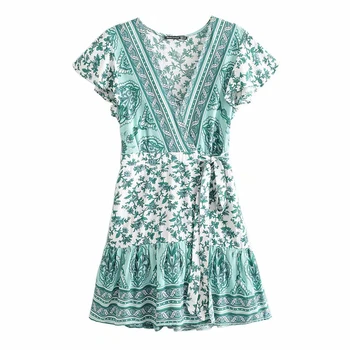 

Floral Printed High Waist Mini Dress Boho V Neck Short Sleeve Vintage Chic Vestidos Summer 2019 Beach Loose Casual Women Dress