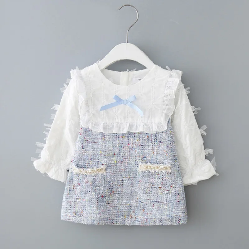 Осеннее платье с оборками для маленьких детей; милый вязаный с бантом; трикотажное платье в стиле пэчворк с длинными рукавами для девочек; платье принцессы; vestidos; одежда для маленьких девочек