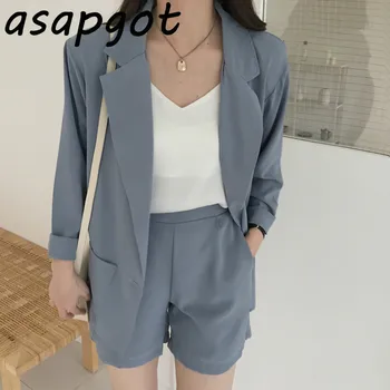 

2 Pieces Set Short and Blazer Long Sleeves Lapel Blazer Coat Women Solid Elastic High Waist Shorts Fashion Korean New Casual