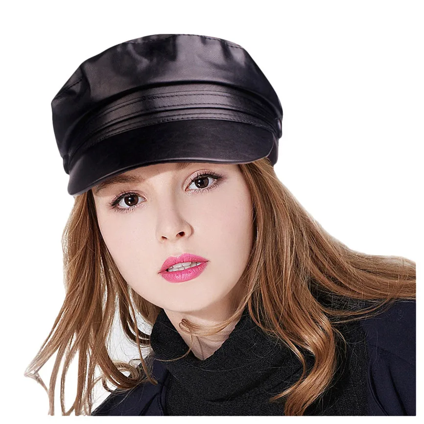 Military Hat Caps Beret Winter Hats For Women Pu Leather Brim Wool