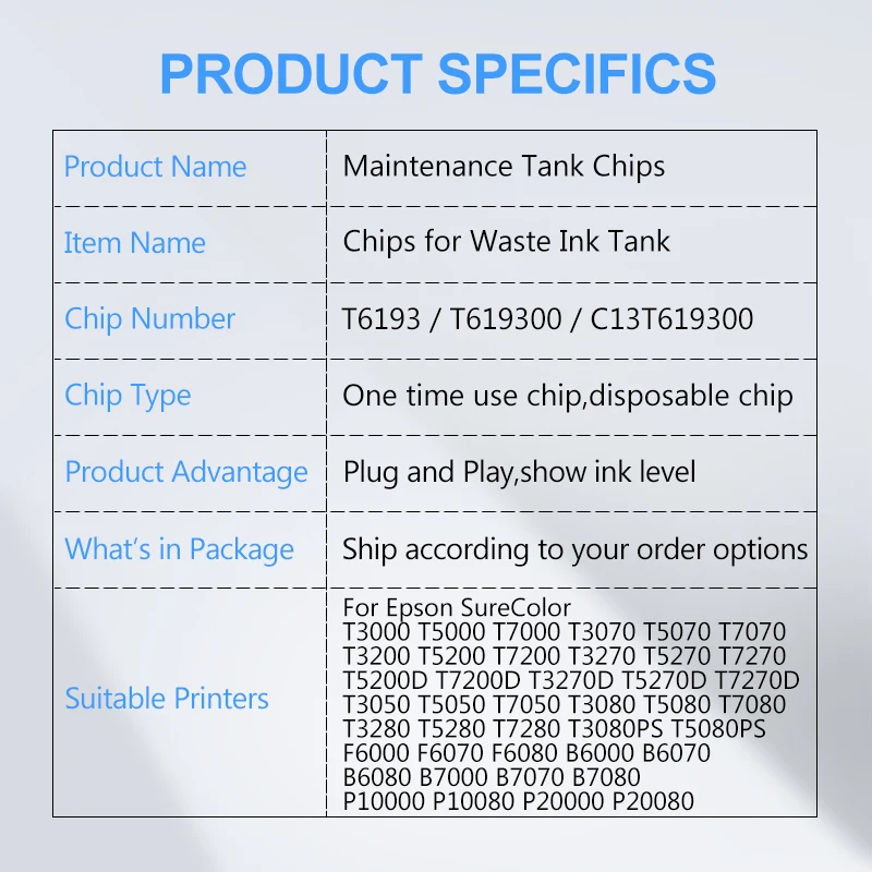 T6193 T7270 Maintenance Box Chip Resetter For Epson T3000 T3200 T5200 T7200 T3270 T5270 T7270 F6000 F6070 P10000 Waste Ink Tank Chips