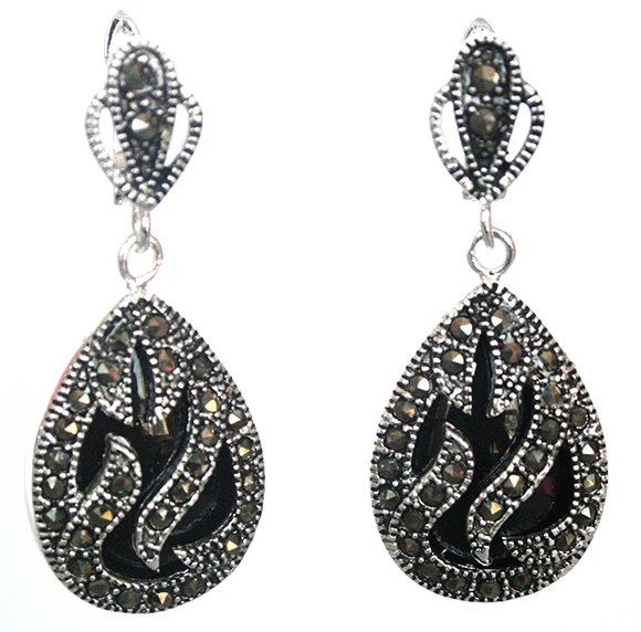 

11/2" late trend 925 Silver & Marcasite inlay black Natural Stone Waterdrop Earrings