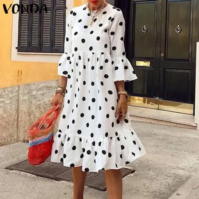 Midi Dress VONDA Polka-Dot Bohemian Vintage Summer Holiday Womens 3/4-Sleeve Femininas