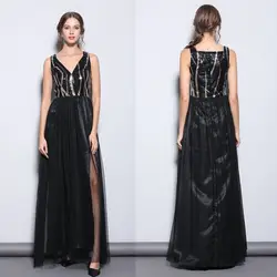 Черное вечернее платье с блестками, зимнее новое черное платье с v-образным вырезом и сетчатыми разрезами, длинное тонкое вечернее платье