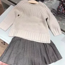 BP style/ г., осенний комплект одежды, однотонный Бежевый свитер Топ+ плиссированная юбка в клетку для маленьких девочек, брендовый шерстяной свитер с вишенками