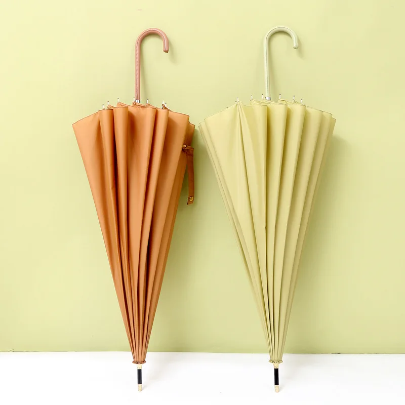 

Simple 16K Straight Umbrella Solid Color Japan Small Fresh Long Handle Umbrella Creative Leather Handle Umbrella Retro Umbrella