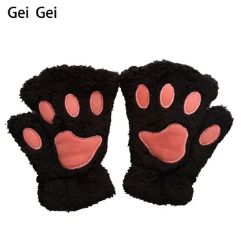 

Women Lovely Cartoon Fluffy Bear Cat Claw Paw Mittens Winter Female Half Finger Plush Gloves Girls Warm Fingerless Gloves