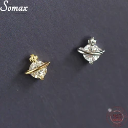 925 Sterling Silver 14K Gold Plated Planet Earrings Small Zirconium Diamond Korean Chic Cold Wind Mini Asteroid Earrings Jewelry