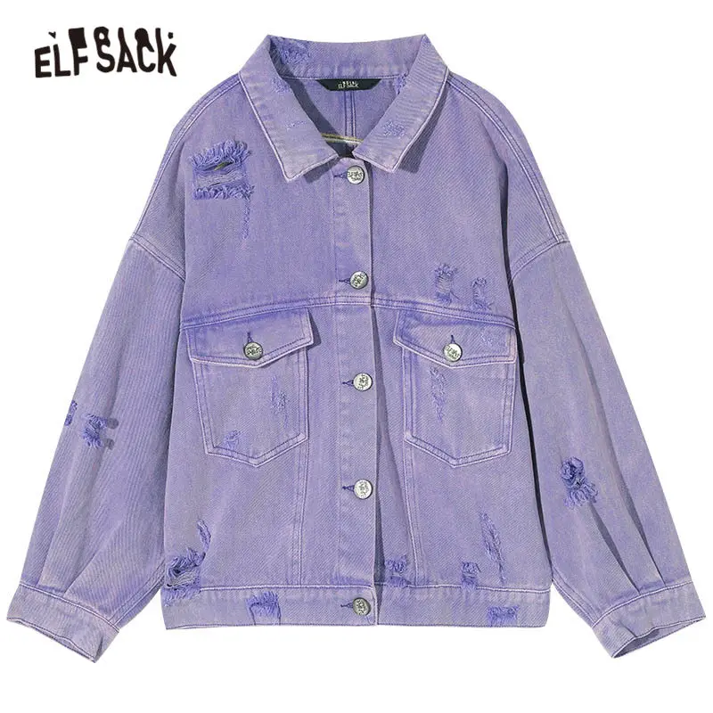 ELFSACK на пуговицах, с передним карманом, с рваной вышивкой, Повседневная джинсовая куртка, Женское пальто, осень, фиолетовая уличная одежда, женская верхняя одежда - Цвет: Фиолетовый