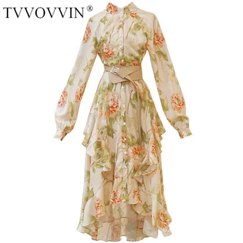 

TVVOVVIN Women Dress Ruffles Irregular Long Print Dresses Long Sleeve Asymmetry Flowers Plus Size Summer Clothes Women P523