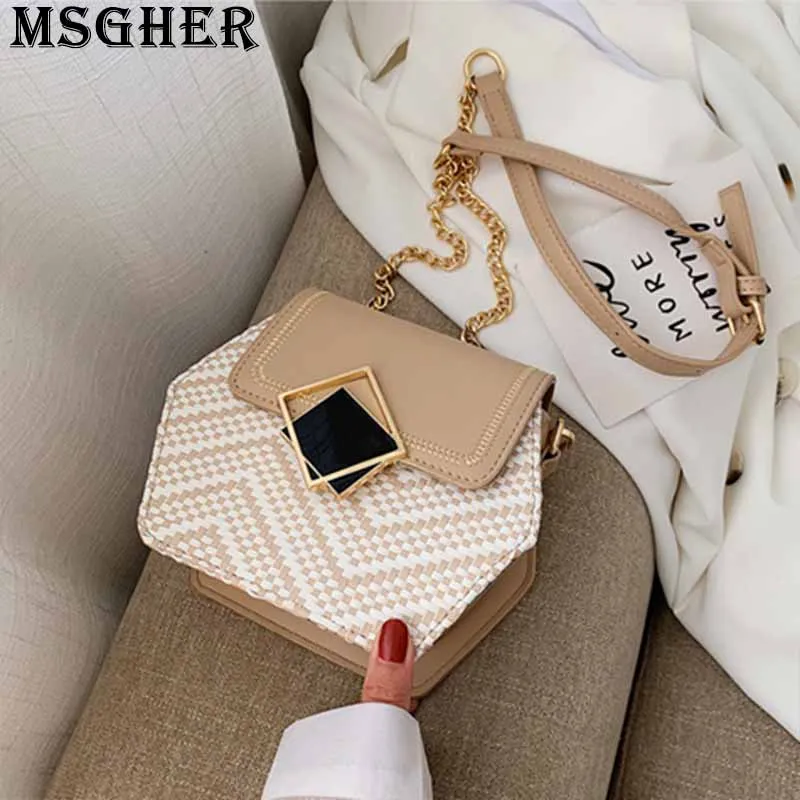 

MSGHER Knitting Flap Female Bag Summer Fresh Casual Joker Metal Chain Shoulder Striped New Style Hasp Crossbody Women Bag WB2806