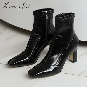 

krazing pot fashion cow leather zip square high heels square toe French romantic design handsome beauty stretch ankle boots l56