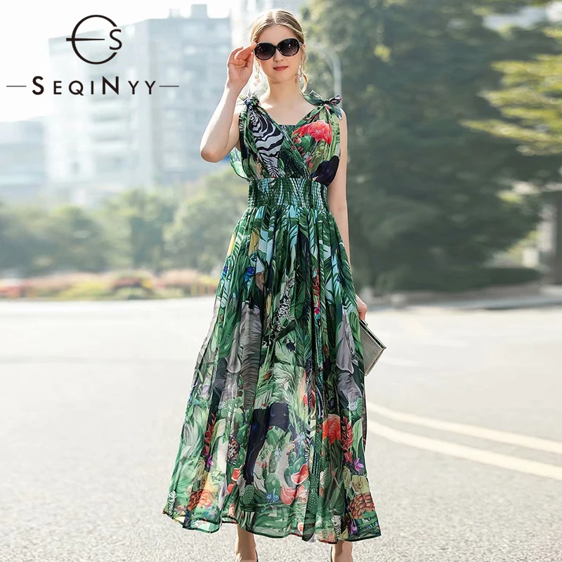 

SEQINYY Vest Midi Dress 2020 Summer Spring New Fashion Design Women Flowers Palm Printed V neck Chiffon Dress