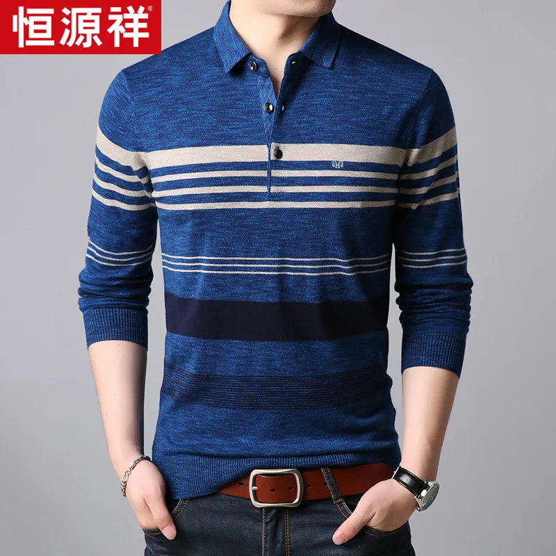 

HYX New Style Genuine Product Spring Fold-down Collar Stripes Pullover Wool Sweater Casual Long Sleeve Thin Men's T-shirt