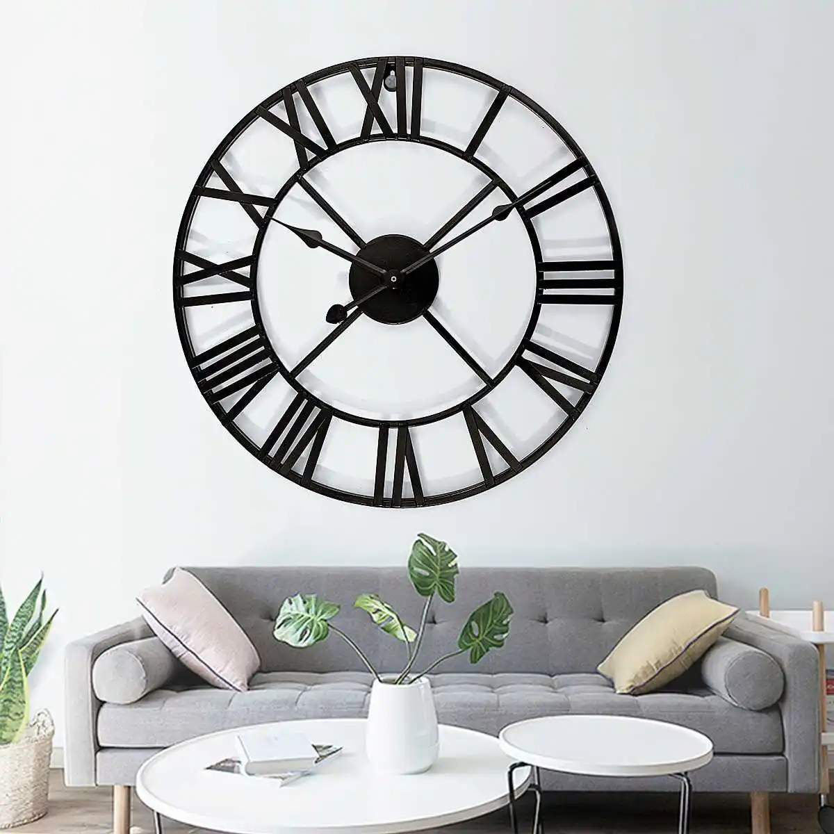 3D Retro Black Iron Wall Clock Large Metal Watch Art Hollow Roman