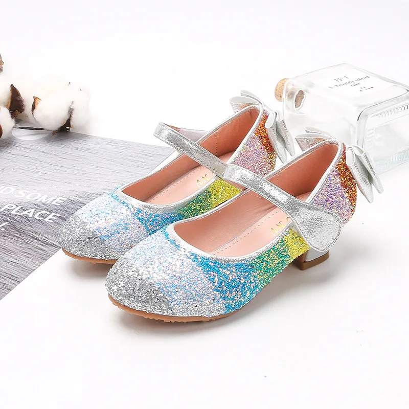 

2022 Kids Fashion Girl Sandals Beach Colorful Rainbow Sequin Bow Girl Birthday Party Princess Shoes Dance Shoes Woman High Heels
