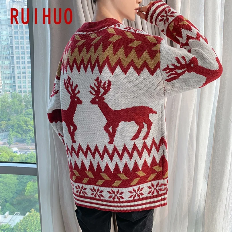 RUIHUO зимний мужской свитер с принтом оленя, Уродливый Рождественский свитер, мужское зимнее пальто, пуловер и свитеры для мужчин, осенняя одежда, XXL
