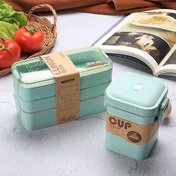 900ml 건강 재료 도시락 3 층 밀 짚 도시락 상자, 전자 레인지 식기류 식품 저장 용기 도시락