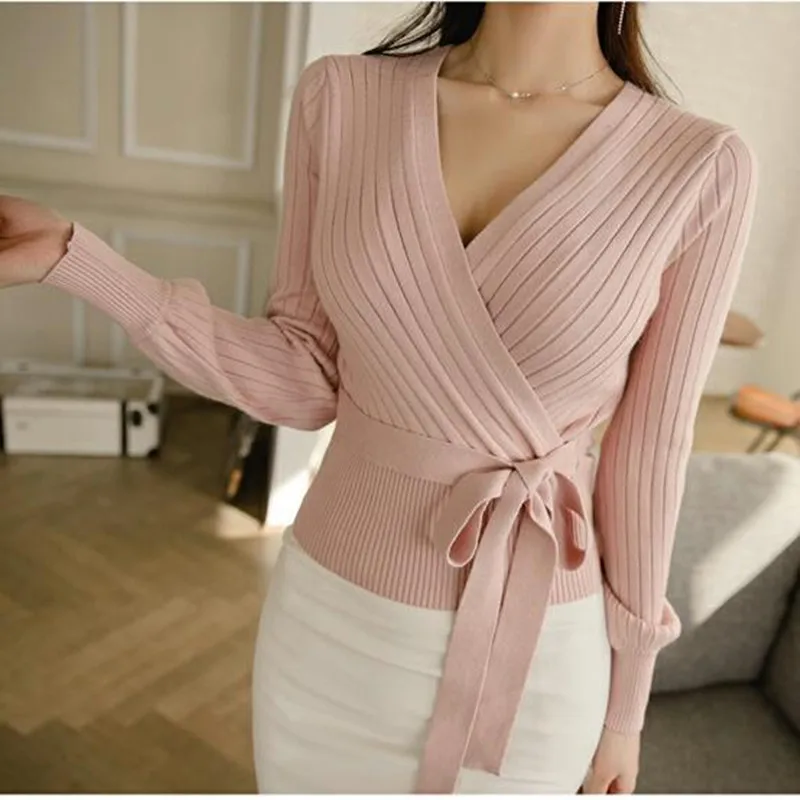 ZAWFL Autumn Winter V Neck Sweater Pullover Women Long Sleeve Lace Up Knitted Sexy Criss-Cross Jumper Top Pull Femme | Женская одежда