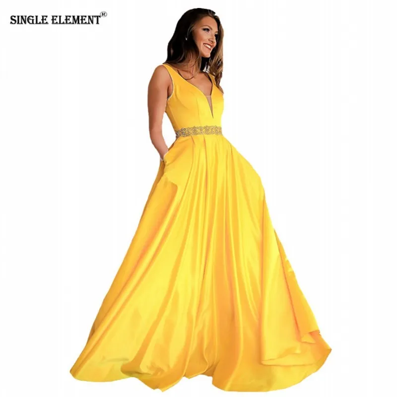 

SINGLE ELEMENT A-Line V Neck Bead Belt Satin Yellow Prom Dresses