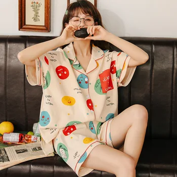 

JULY'S SONG 2020 Summer Women's Pajamas Set Cotton Short Sleeve Cute Colorful Homewear Cartoon Printed Sleepwear Female Pyjamas