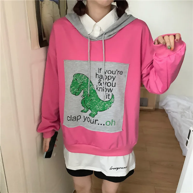 

Cartoon Print Fake Two Thin Sweatshirt Women Harajuku Autumn Oversized Hoodie Korean Style Casual Long Sleeve Clothes for Teens