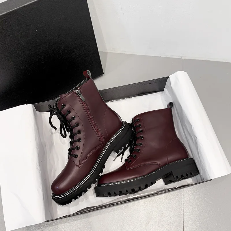 

Autumn And Winter Martin Boots Women's British-Style plus Velvet Biker Boots Chunky Heel Short Boots Genuine Leather Thick Botto