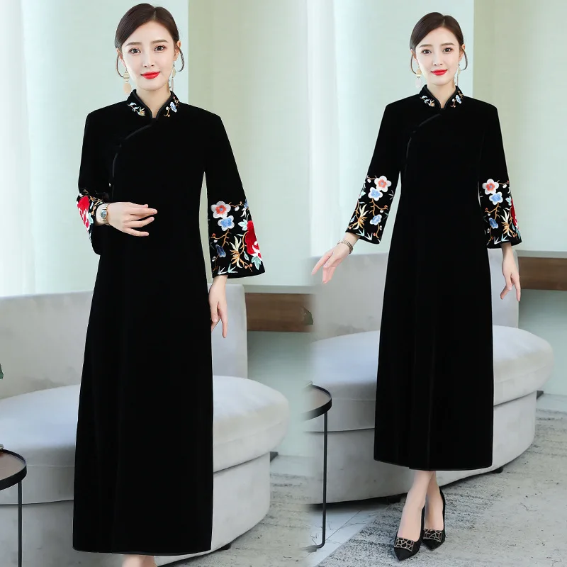 

Autumn Dress Women's Dress 2019 New Style Chinese-style Embroidered Cheongsam Stand Collar Waist Hugging Velvet Dress