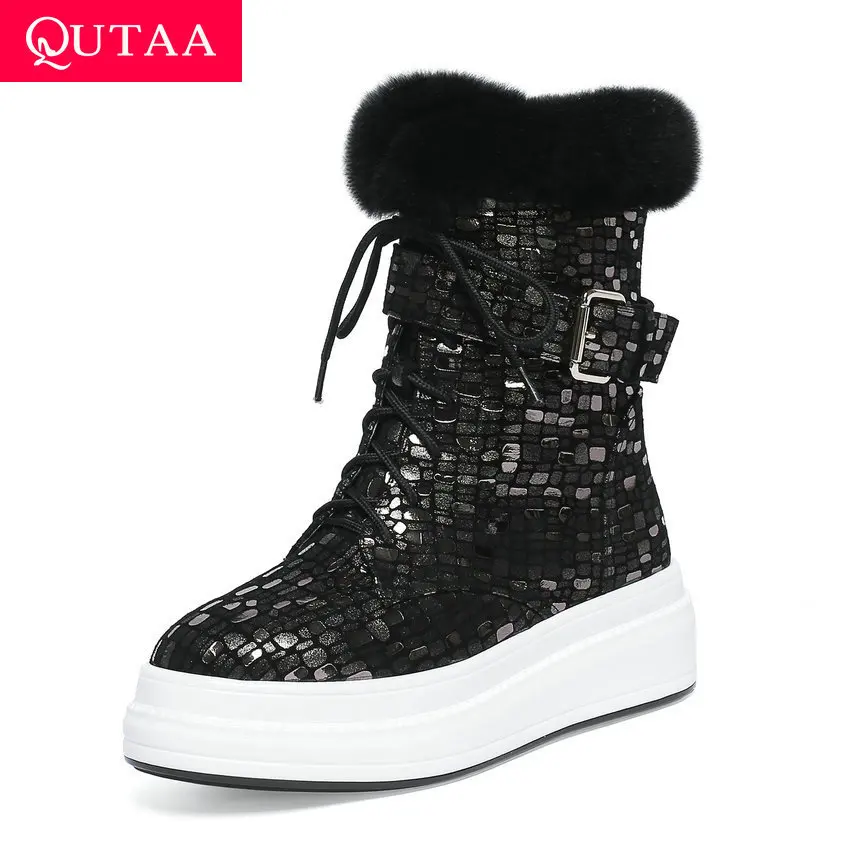 

QUTAA 2020 Buckle Lace Up Zipper Mid Calf Boots Sheepskin Warm Fur Winter Snow Boots Platform Round Toe Women Shoes Size 34-39