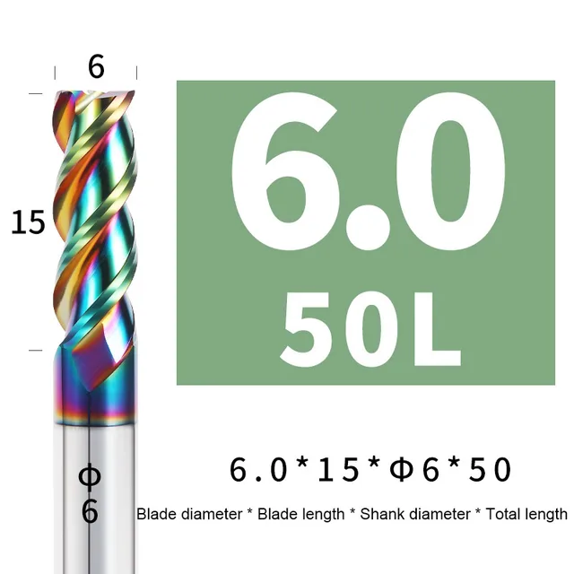Colorful End Mill Aluminium HRC55 3F Milling Cutter Acrylic Wood Copper Plastic Cutting Tool CNC Maching Milling Tools Endmils 6X18XD6X50L