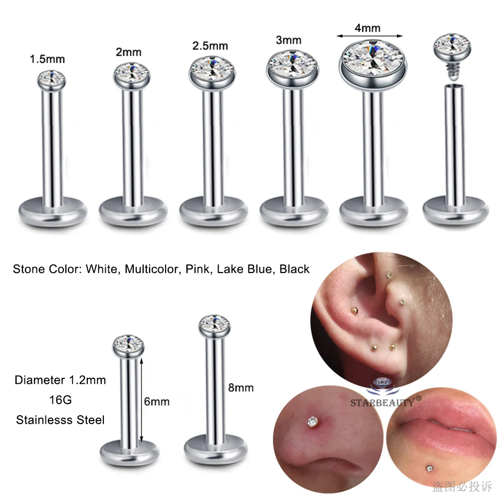 Piercing Jewelry 2pcs 1.5mm Multicolor Crystal Nose Stud Ring Bar Helix Tragus Labret Lobe Earrings Women Men Ear