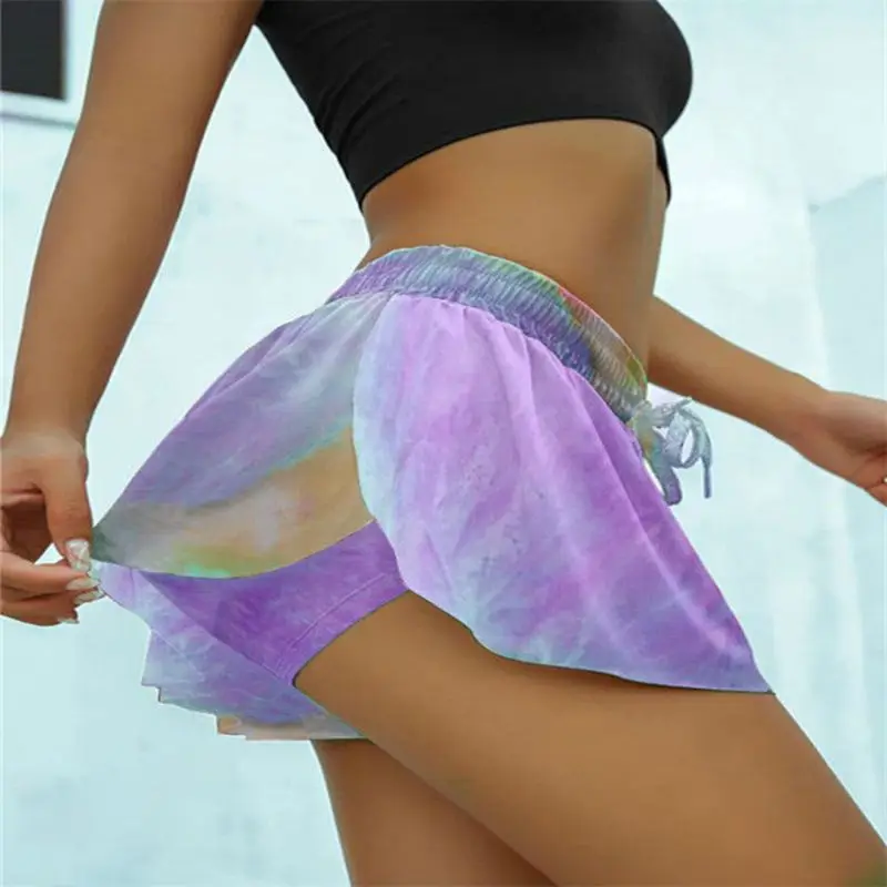 Women Plus Size 2 In 1 Running Shorts with Liner Gradient Tie-Dye Flowy Sexy