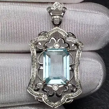 

Fine Jewelry Real 18K White Gold AU750 Natural Blue Aquamarine 3.5ct Gemstones Diamonds Lady's Pendants for Women Fine Necklace