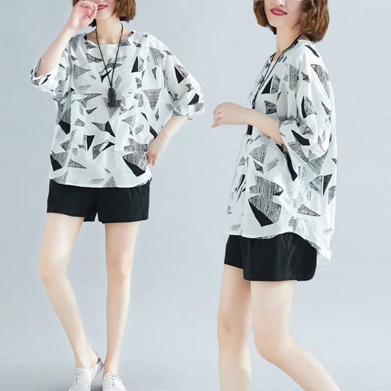 Хорошее качество, женская одежда, новинка, blusas feminina, весна-лето, стиль, корейский топ с геометрическим рисунком, свободная футболка K0534