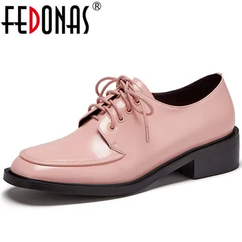 

FEDONAS Women Cow Leather Casual Shoes Spring Autumn Four Season New Arrival Lace-Up Square Toe Shoes Concise Sweet Shoes Woman
