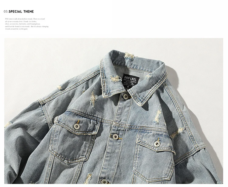 Hole Denim Jacket Men's Fashion Washed Solid Color Casual Retro Denim Jacket Man Streetwear Wild Hip Hop Loose Bomber Jacket