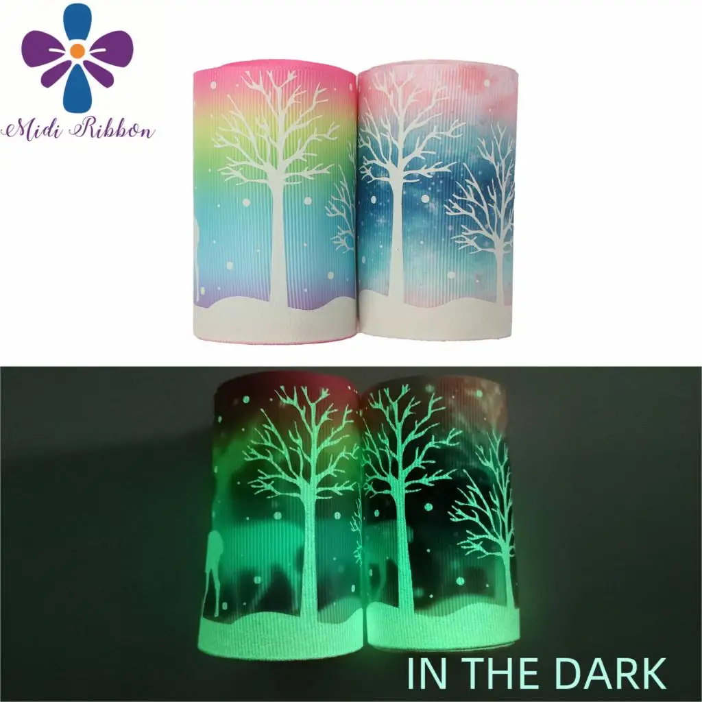

3"75mm White Ink Printing Glow in the Dark Cartoon Elk Rainbow Gradient Color Printed Grosgrain Ribbon DIY Christmas 50yards/lot
