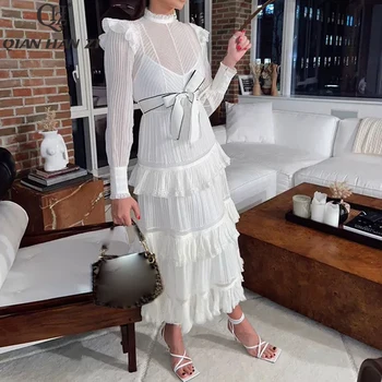

Qian Han Zi designer Cascading Ruffle fashion Maxie dress Women's Long Sleeve Lace Ruffle Slim Party White Elegant Long Dress