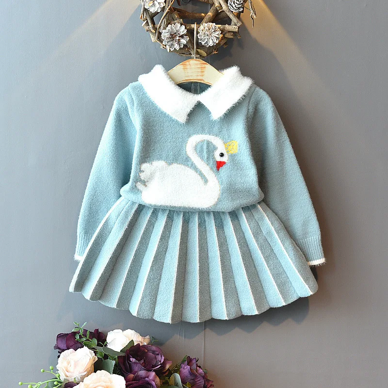 Г., милый вязаный комплект одежды с лебедем для маленьких девочек модные свитера на осень-зиму+ плиссированные юбки детские костюмы принцессы для девочек