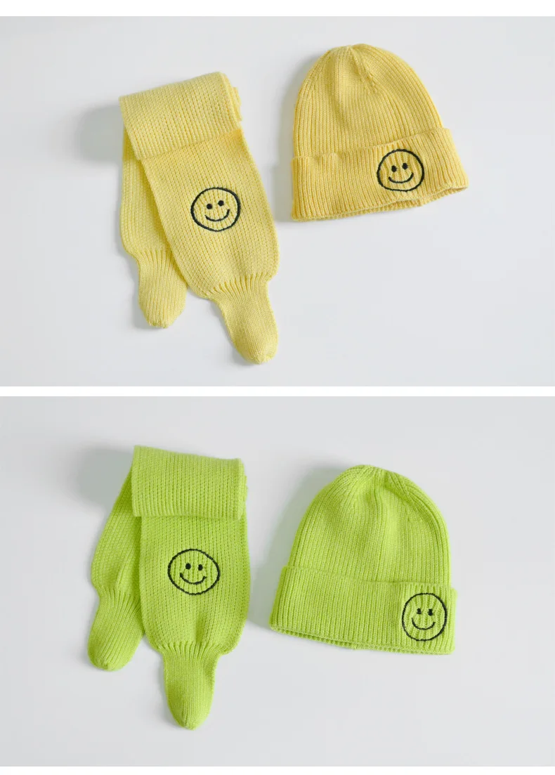 Baby Girls Boy Hat Scarf Set Winter Warm Children Beanie Hat Cute Smile Face Woolen Knitted Hats Scarf Kids Two Piece Set