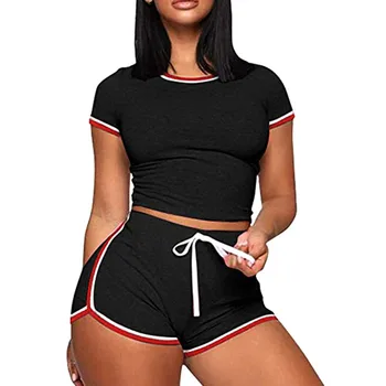 

2020 Summer Women 2PCS Frill Pajamas Set Casual Short Sleeve Top+Elastic Drawstring Shorts Solid Fitness Tracksuit Homewear