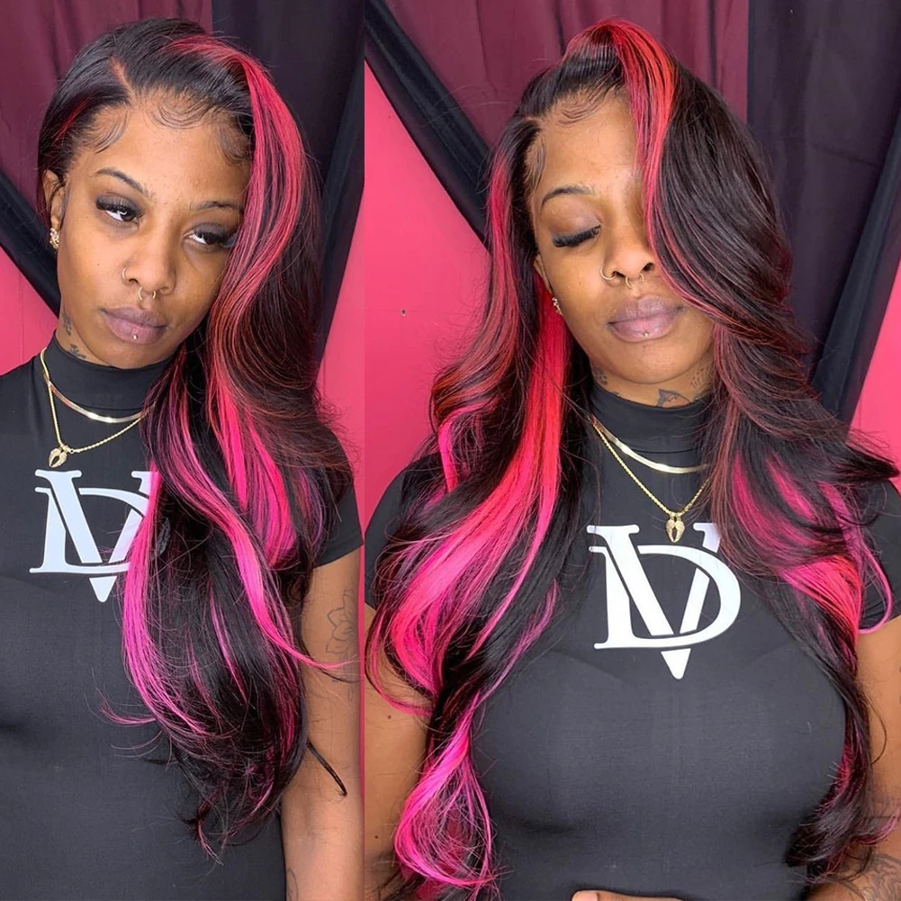 Hot Pink Black Highlight Human Hair Wigs Remy Brazilian Pink Highlight Wig  Lace Front Human Hair Wigs Pre Plucked Lace Front Wig - Lace Wigs -  AliExpress