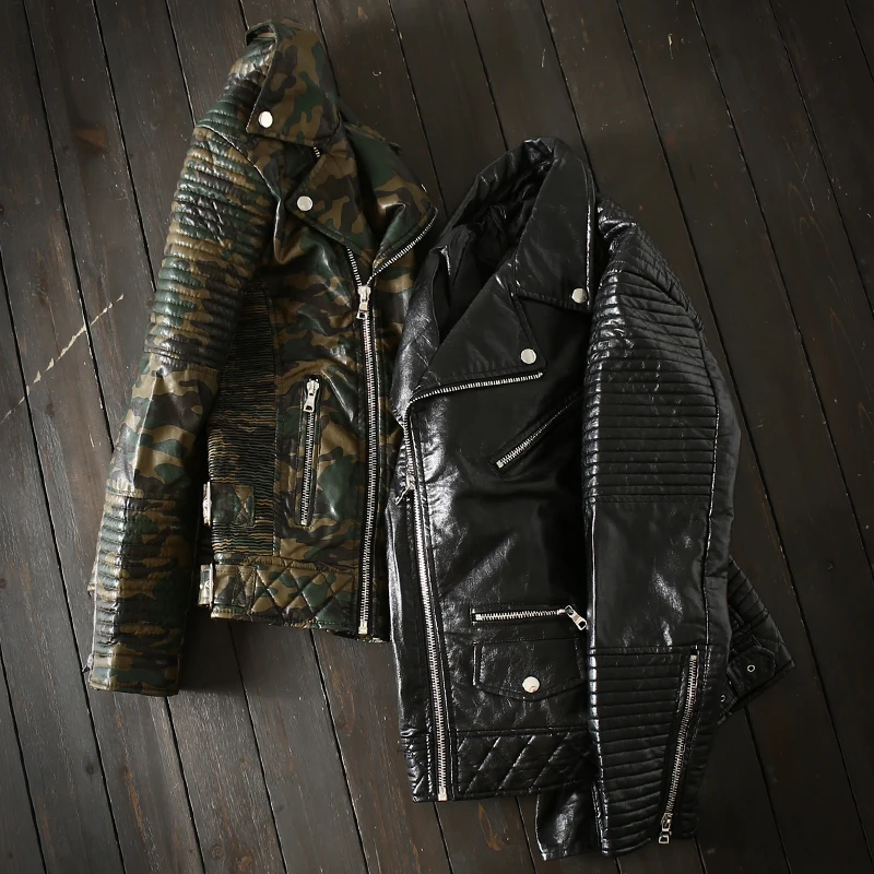 Men Motorcycle Pu Leather Jacket Autumn Winter New Camouflage Vintage Zipper Short Coat Fashion Bla