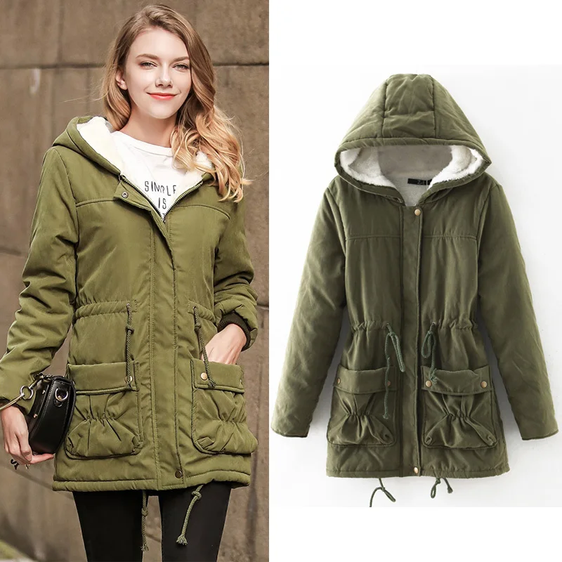 

2018 Autumn Winter White Wool liner Parkas Coat women Casual Slim Thicken Solid Warm Cotton hooded lady down jackets coat