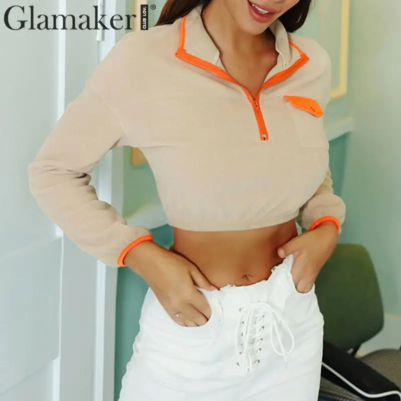 Glamaker флисовый топ сексуальный на молнии Женская Осенняя уличная одежда с карманом укороченный Топ женский зимний длинный рукав Толстовка Новинка
