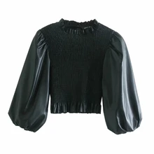 

Women PU Leather Elastic Short Shirt Casual Femme Lantern Sleeve Blouse Fashion Lady Slim Tops Blusas S8136