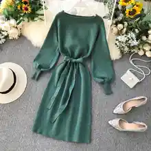 Un suéter largo con una manga de linterna y una parte inferior en una ropa de mujer de talla grande y hermana gorda vestido tejido de un solo cuello(China)